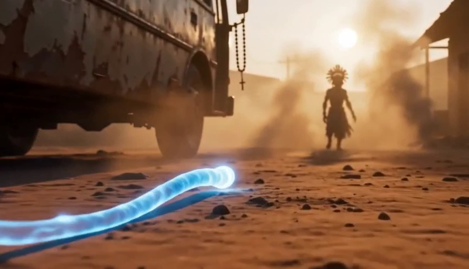A masked figure walks out of dust and low sun on a red-earth street, a thread of blue light running across the ground