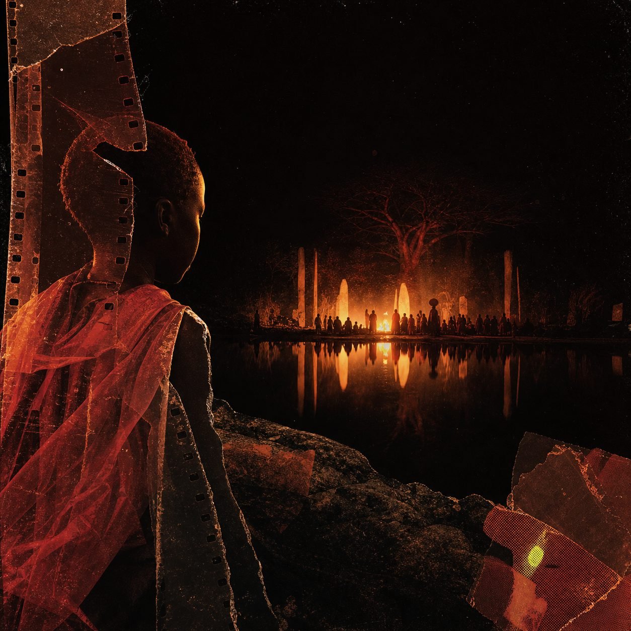 A child in red cloth watching a firelit gathering across dark water — key art from The Children Of The Ore